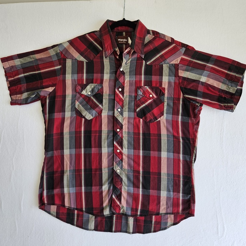 Wrangler Western Shirt Mens XL Pearl Snap Red Plaid Short Sleeve Rodeo